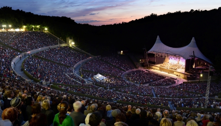 Das West-Eastern Divan Orchestra spielt am 25.08.2013 kurz nach Sonnenuntergang in der Waldbühne in Berlin. Die Freilichtbühne ist ein beliebter Veranstaltungsort für Konzerte und bietet Platz für 22000 Zuschauer. Foto: Matthias Balk/dpa