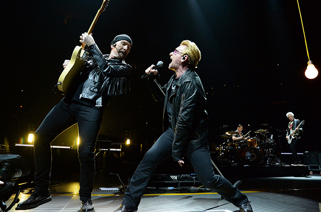 NEW YORK, NY - JULY 18: The Edge and Bono perform onstage during U2's iNNOCENCE + eXPERIENCE tour at Madison Square Garden on July 18, 2015 in New York City. (Photo by Kevin Mazur/WireImage)