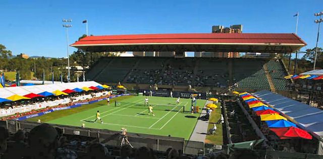 ADELAIDE - JANUARY 4: A general view of Memorial Drive centre court during the Max Mirnyi, Jeff Morrison versus Andrew Florent and Ivan Ljubicic doubles match, during the AAPT Championships played at Memorial Drive, Adelaide, Australia on January 4, 2003. (Photo by Mark Dadswell/Getty Images)